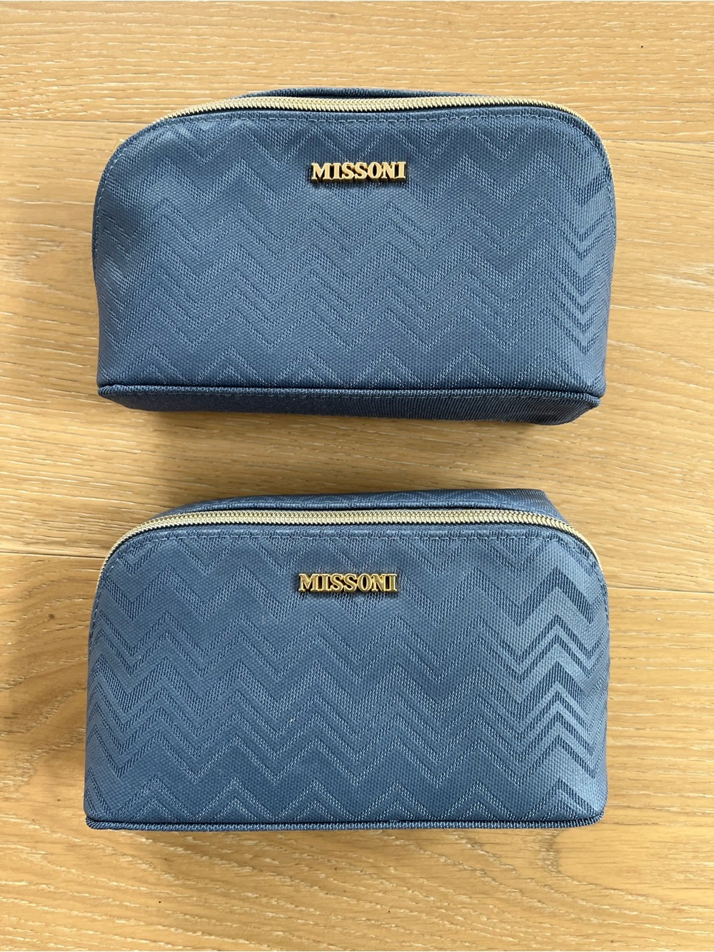 2 Missoni Blue Chevron Toiletry Pouch with Gold Logo